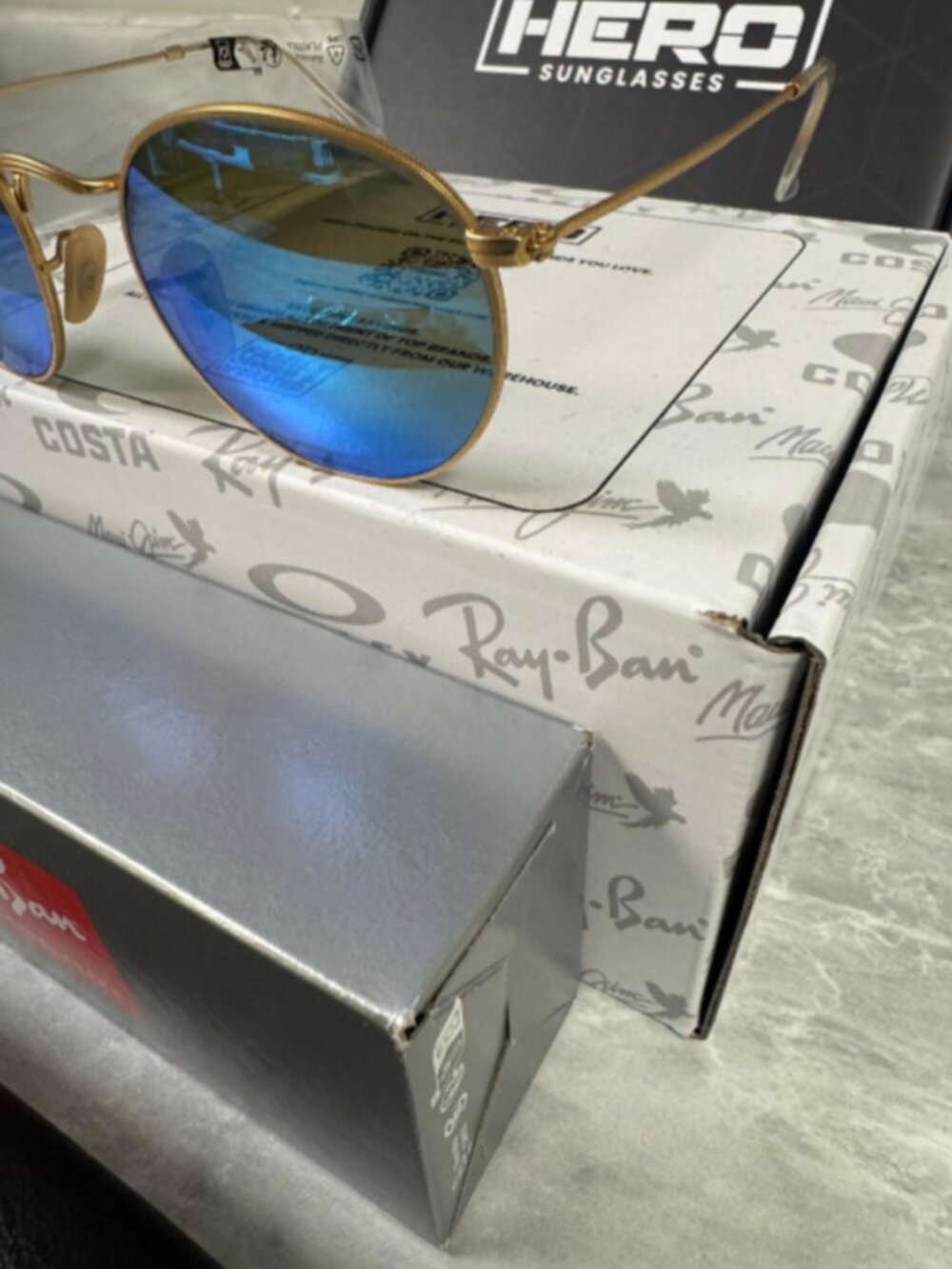 RAY BAN | NEW | ROUND MEDIUM | 3447 112 - 4L | MATTE GOLD | BLUE MIRROR - Picture 4 of 4